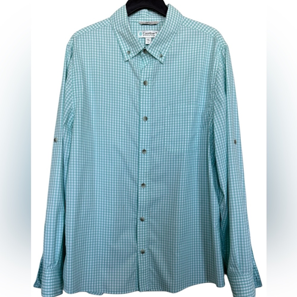 Coolibar Men's Aqua Gingham Button-Down Shirt Sz L UpF50 Adjustable Sleeve